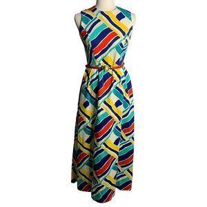 Vintage 70s Sleeveless Maxi Dress S Multi Bright Geometric